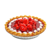 Hand-poured scented strawberry pie candle featuring glossy red berry topping and whipped cream accents, handcrafted in the USA, ideal for kitchen décor and holiday hosting.
