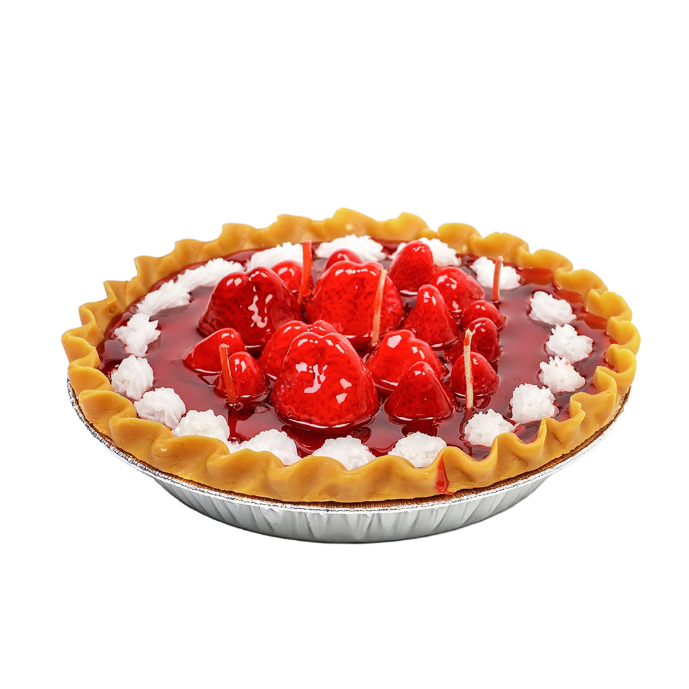 Hand-poured scented strawberry pie candle featuring glossy red berry topping and whipped cream accents, handcrafted in the USA, ideal for kitchen décor and holiday hosting.