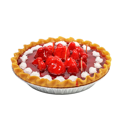 Hand-poured scented strawberry pie candle featuring glossy red berry topping and whipped cream accents, handcrafted in the USA, ideal for kitchen décor and holiday hosting.