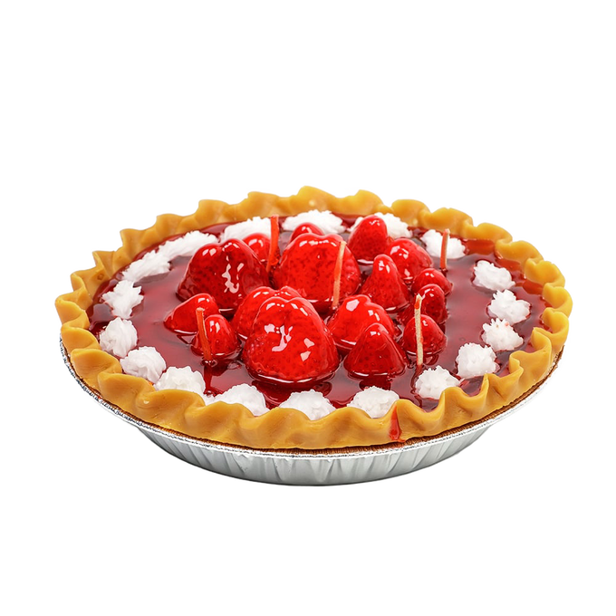 Hand-poured scented strawberry pie candle featuring glossy red berry topping and whipped cream accents, handcrafted in the USA, ideal for kitchen décor and holiday hosting.