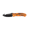 Handcrafted hunting knife with anodized black gut hook blade and orange camo handle featuring finger grooves and circular cutouts, ideal for camping, pocket knives, and farm tool collections.