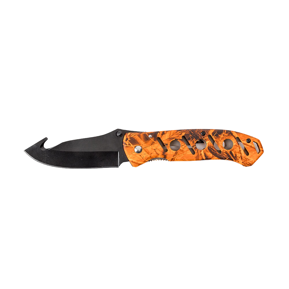 Handcrafted hunting knife with anodized black gut hook blade and orange camo handle featuring finger grooves and circular cutouts, ideal for camping, pocket knives, and farm tool collections.