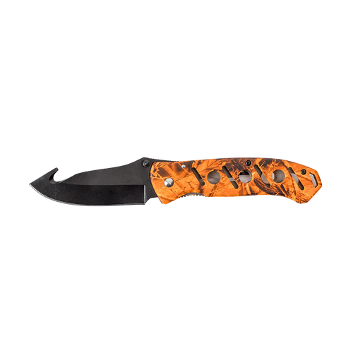 Handcrafted hunting knife with anodized black gut hook blade and orange camo handle featuring finger grooves and circular cutouts, ideal for camping, pocket knives, and farm tool collections.