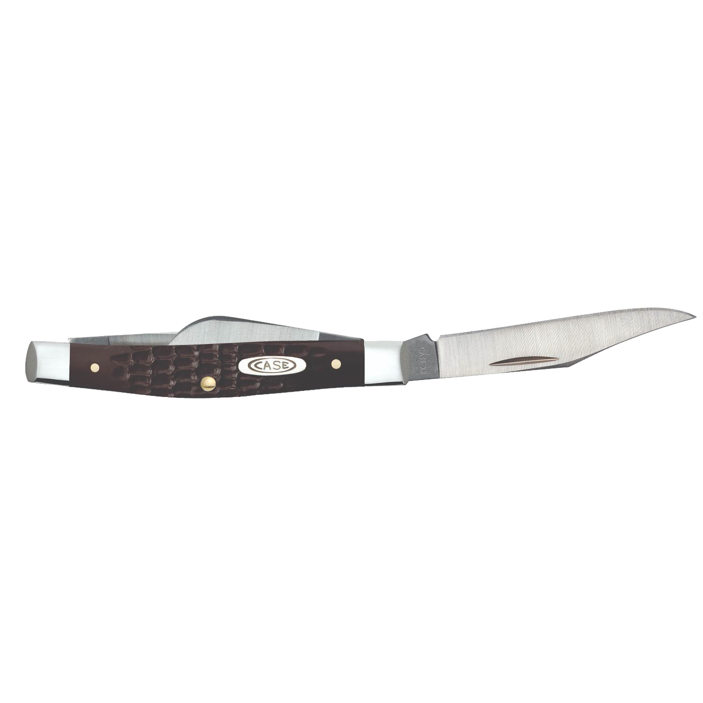Handcrafted traditional Small Stockman pocket knife with textured brown synthetic handle, stainless steel blades, and polished bolsters, made in USA, featured in Pocket Knives and Farm, Garden & Tool collections.