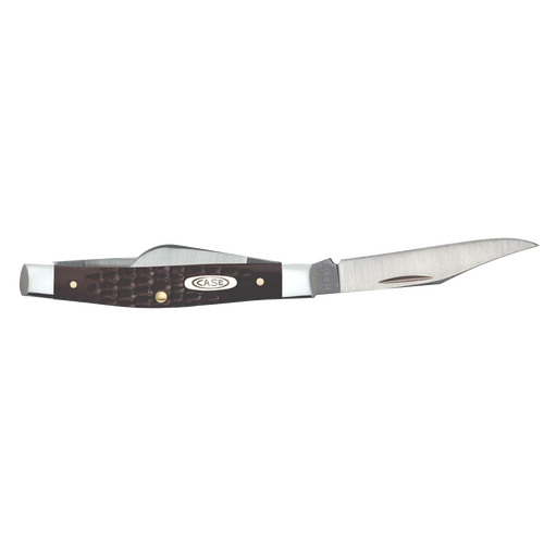 Handcrafted traditional Small Stockman pocket knife with textured brown synthetic handle, stainless steel blades, and polished bolsters, made in USA, featured in Pocket Knives and Farm, Garden & Tool collections.