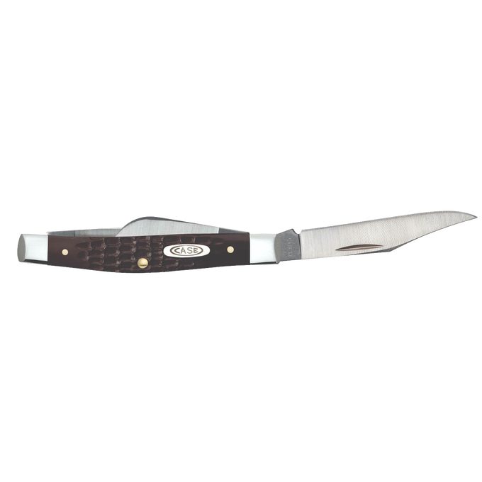 Handcrafted traditional Small Stockman pocket knife with textured brown synthetic handle, stainless steel blades, and polished bolsters, made in USA, featured in Pocket Knives and Farm, Garden & Tool collections.