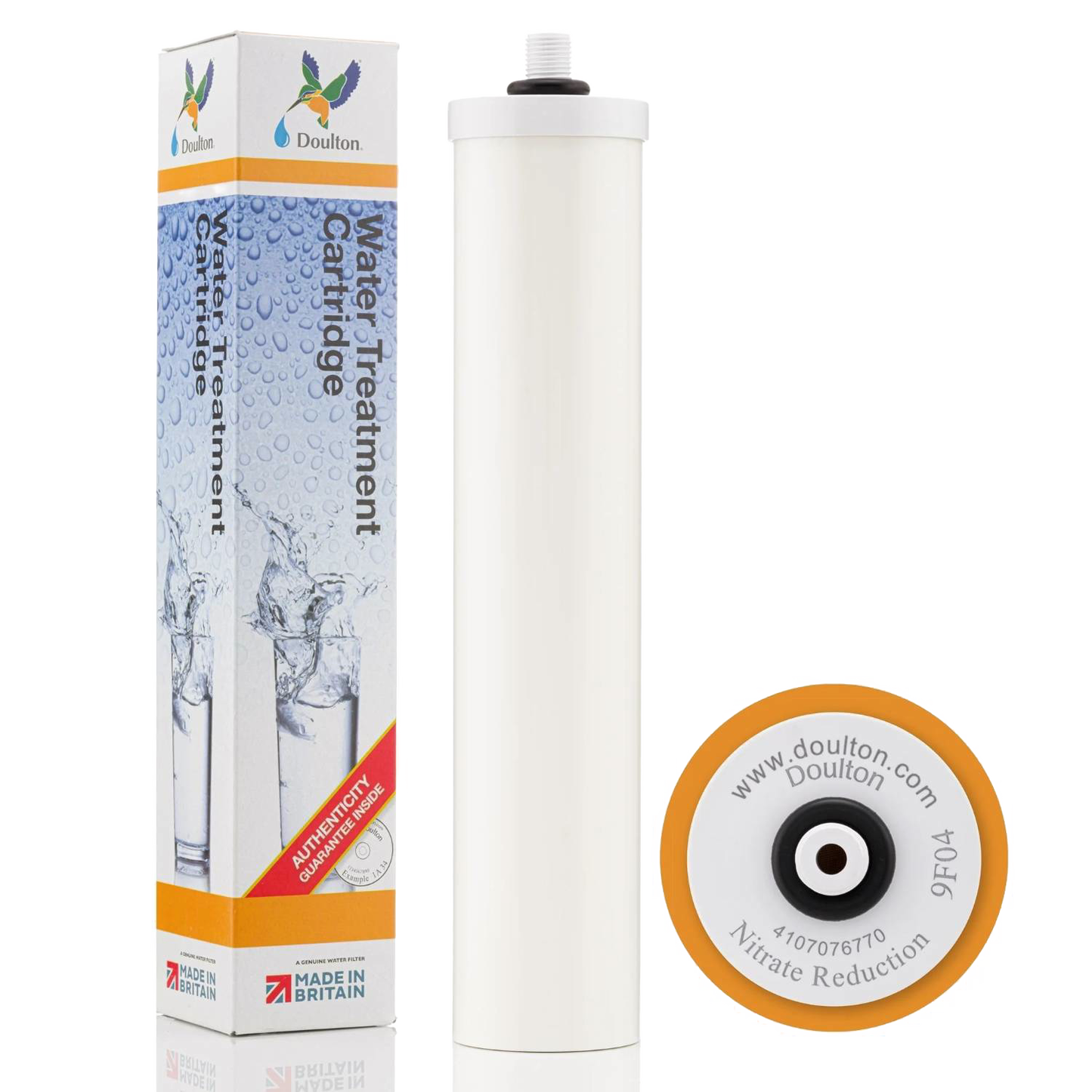 White water treatment cartridge designed for nitrate reduction, compatible with multi-filtration systems, featured in Appliances, Water Heating and Treatment, Best Sellers, Promo Eligible, and Doulton & British Berkefeld collections.
