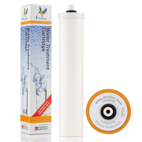 White water treatment cartridge designed for nitrate reduction, compatible with multi-filtration systems, featured in Appliances, Water Heating and Treatment, Best Sellers, Promo Eligible, and Doulton & British Berkefeld collections.