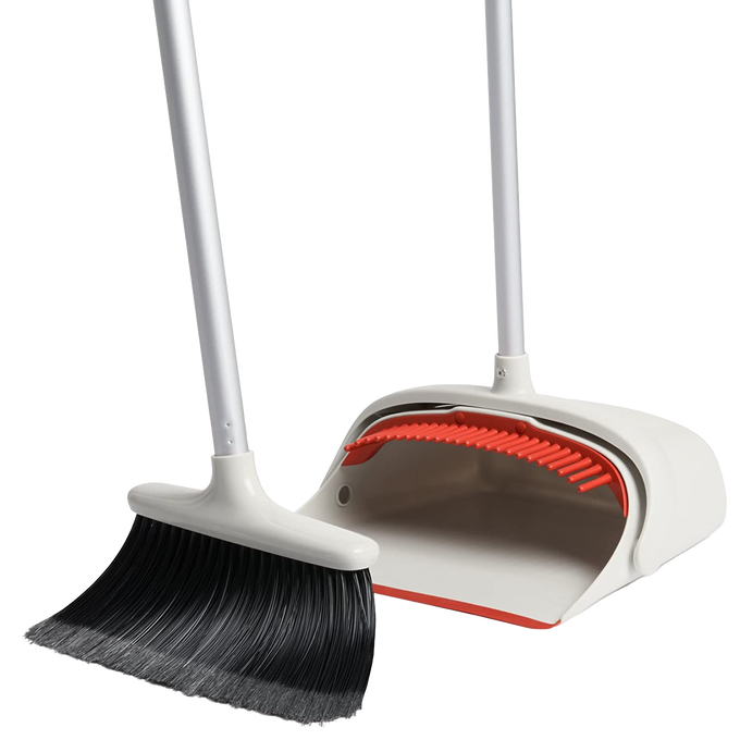 Set of broom and dustpan with an extendable handle, featuring soft flagged bristles and a wide mouth dustpan with red rubber edge, ideal for Home & Decor, Household Cleaning, and Cleaning Utensils collections.