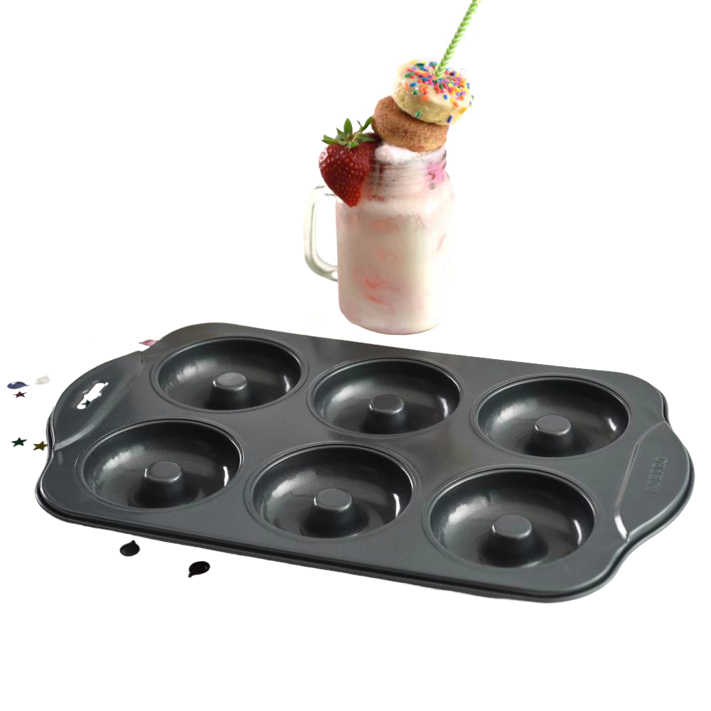 Handcrafted six-cavity donut pan with durable nonstick surface for easy release, ideal for healthier baking, featured in Kitchen & Food, Cookware, Baking Supplies, Kitchen Gadgets, Best Sellers, and Promo Eligible collections.