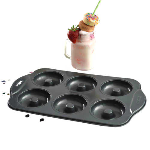 Handcrafted six-cavity donut pan with durable nonstick surface for easy release, ideal for healthier baking, featured in Kitchen & Food, Cookware, Baking Supplies, Kitchen Gadgets, Best Sellers, and Promo Eligible collections.