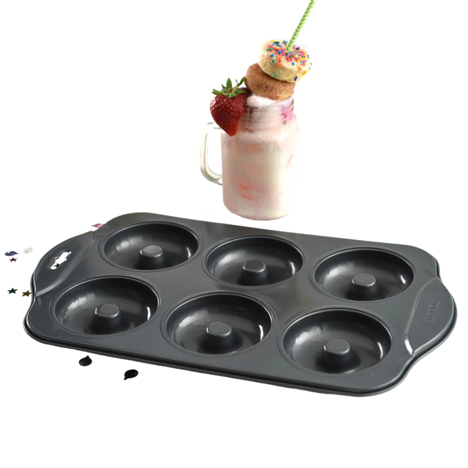 Handcrafted six-cavity donut pan with durable nonstick surface for easy release, ideal for healthier baking, featured in Kitchen & Food, Cookware, Baking Supplies, Kitchen Gadgets, Best Sellers, and Promo Eligible collections.
