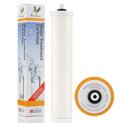 White cylindrical water treatment cartridge with orange rim for reducing limescale build-up, displayed with branded blue packaging, suitable for Appliances, Water Heating and Treatment, Best Sellers, and Promo Eligible collections.