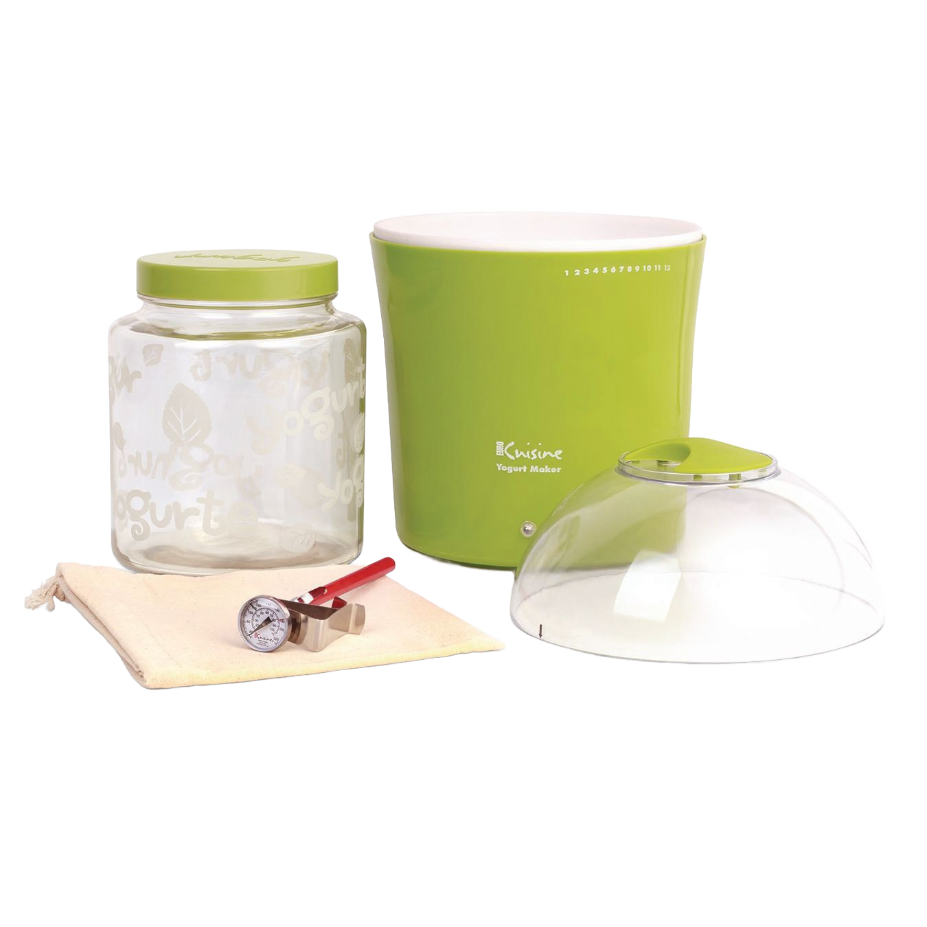 Green electric yogurt maker with clear dome lid, glass jar with green lid featuring decorative text, red-handled thermometer on cloth, in Kitchen & Food, Specialty Equipment, and DIY Cheese and Yogurt collections.