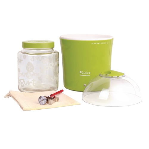 Green electric yogurt maker with clear dome lid, glass jar with green lid featuring decorative text, red-handled thermometer on cloth, in Kitchen & Food, Specialty Equipment, and DIY Cheese and Yogurt collections.