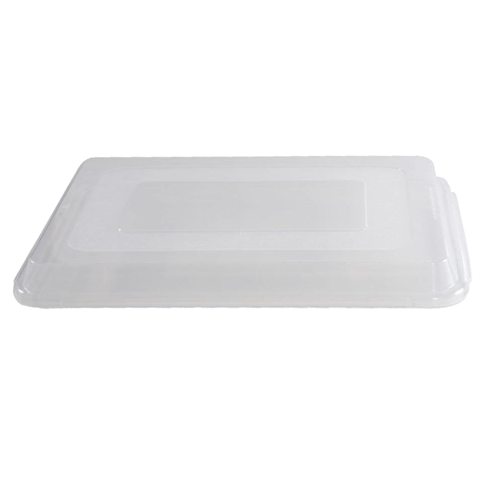 Clear durable plastic lid designed for standard half-sheet baking pans, perfect for kitchen storage, transporting baked goods, and included in cookware and baking supplies collections.