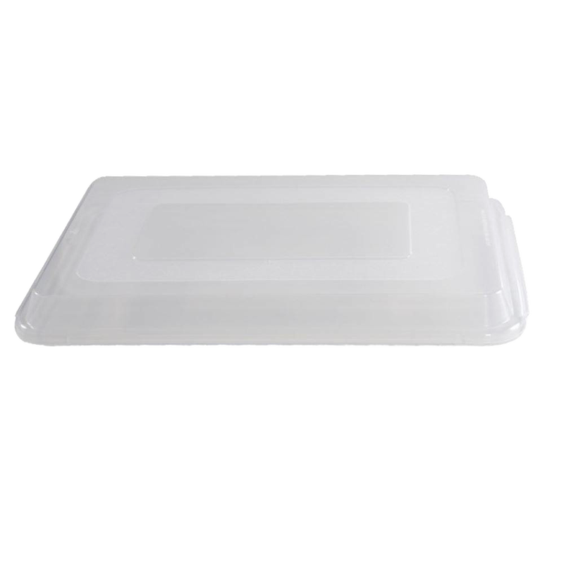Clear durable plastic lid designed for standard half-sheet baking pans, perfect for kitchen storage, transporting baked goods, and included in cookware and baking supplies collections.