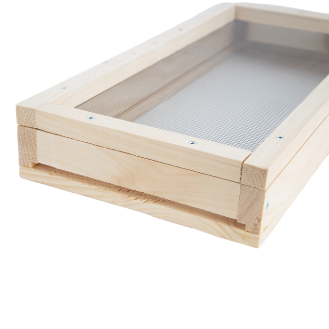 Handcrafted Amish-made 5-frame varroa mite screen base with fine metal mesh, designed for beekeeping and hive protection, featured in Farm, Garden & Tool, Beekeeping Supplies, USA Made, and Best Sellers collections.