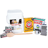 Starter set for making homemade laundry soap with USA made ingredients including Fels-Naptha bars, washing soda, borax, metal grater, wooden spoon, and measuring cup, ideal for homesteading and laundry supplies.