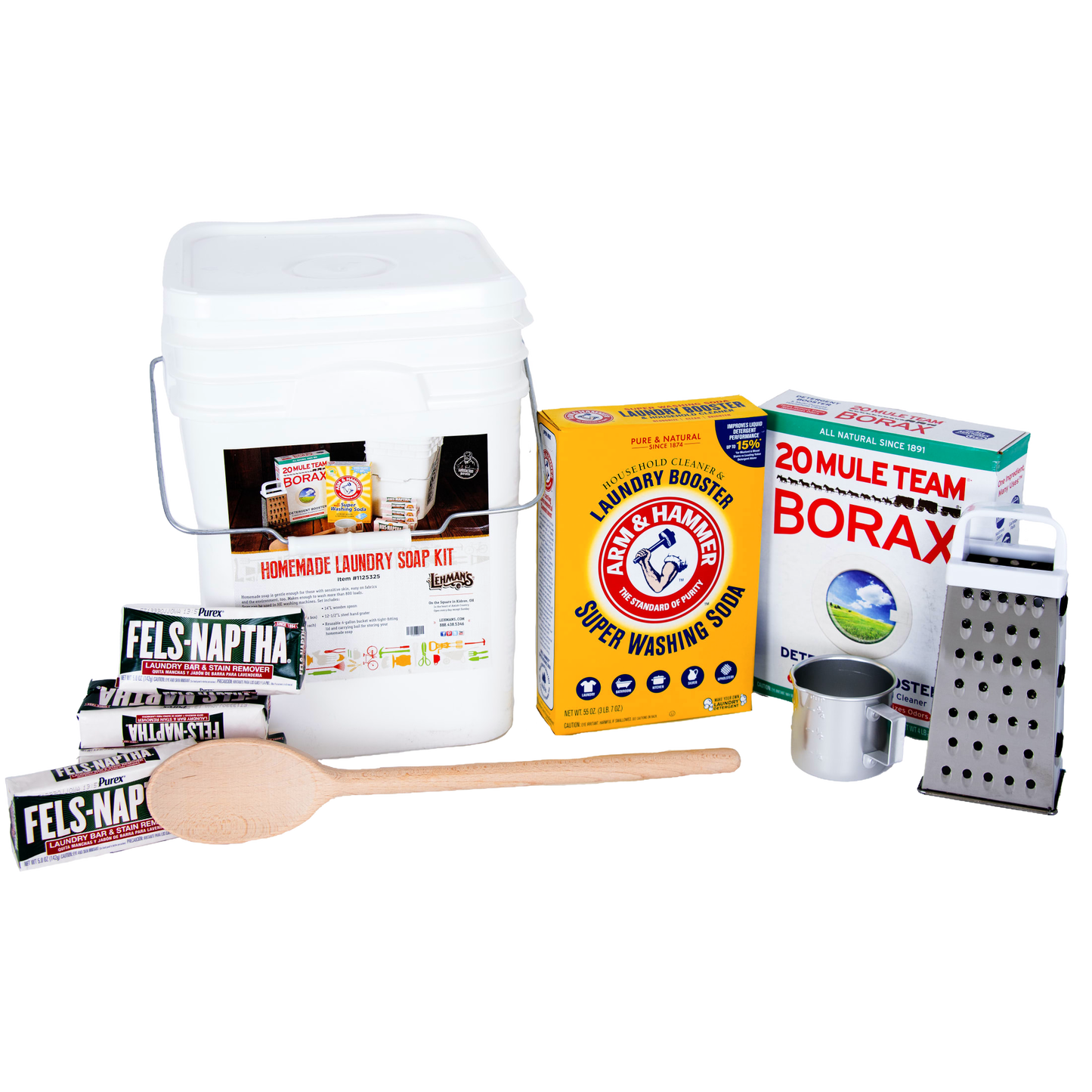 Starter set for making homemade laundry soap with USA made ingredients including Fels-Naptha bars, washing soda, borax, metal grater, wooden spoon, and measuring cup, ideal for homesteading and laundry supplies.
