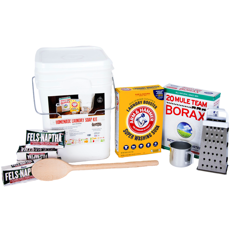 Starter set for making homemade laundry soap with USA made ingredients including Fels-Naptha bars, washing soda, borax, metal grater, wooden spoon, and measuring cup, ideal for homesteading and laundry supplies.
