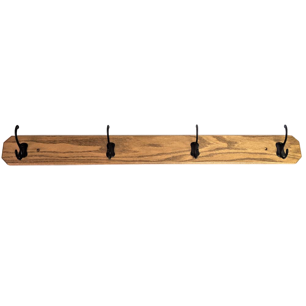 Handcrafted oak wallboard with four black metal hooks, Amish made in the USA, designed to keep coats organized, featured in Home & Decor, Household Helpers, Amish Made, and Best Sellers collections.