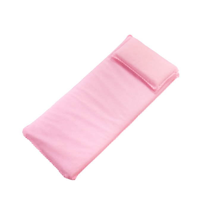 Handcrafted pink miniature bedding set including a pillow and mattress, designed for doll furniture, perfect for children's toys and Amish Made collections.