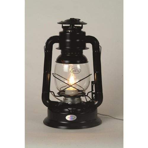 Classic black lantern converted to electric light with visible filament bulb, featuring glass globe and sturdy metal frame, ideal for lamps and lighting collections.