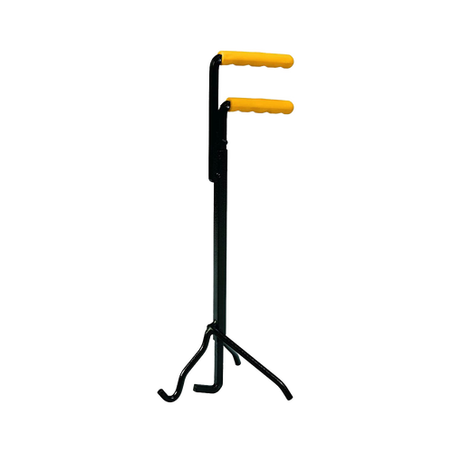 Black metal lid lifter with yellow wooden handles and a tripod base, designed for safely lifting heavy Dutch oven lids, suitable for camping and cast iron cookware use.
