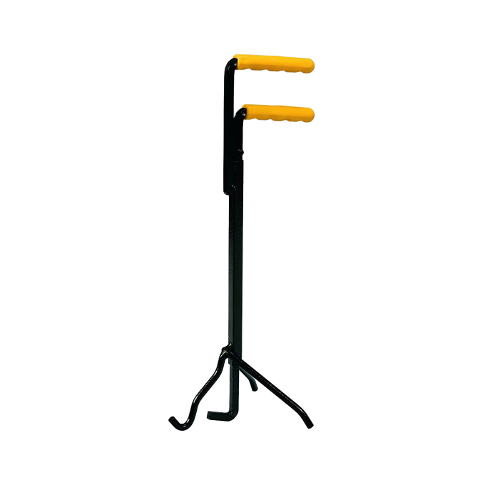 Black metal lid lifter with yellow wooden handles and a tripod base, designed for safely lifting heavy Dutch oven lids, suitable for camping and cast iron cookware use.
