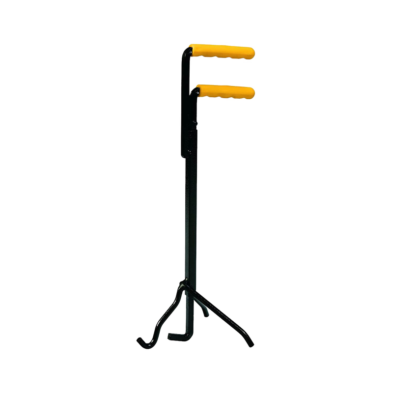 Black metal lid lifter with yellow wooden handles and a tripod base, designed for safely lifting heavy Dutch oven lids, suitable for camping and cast iron cookware use.