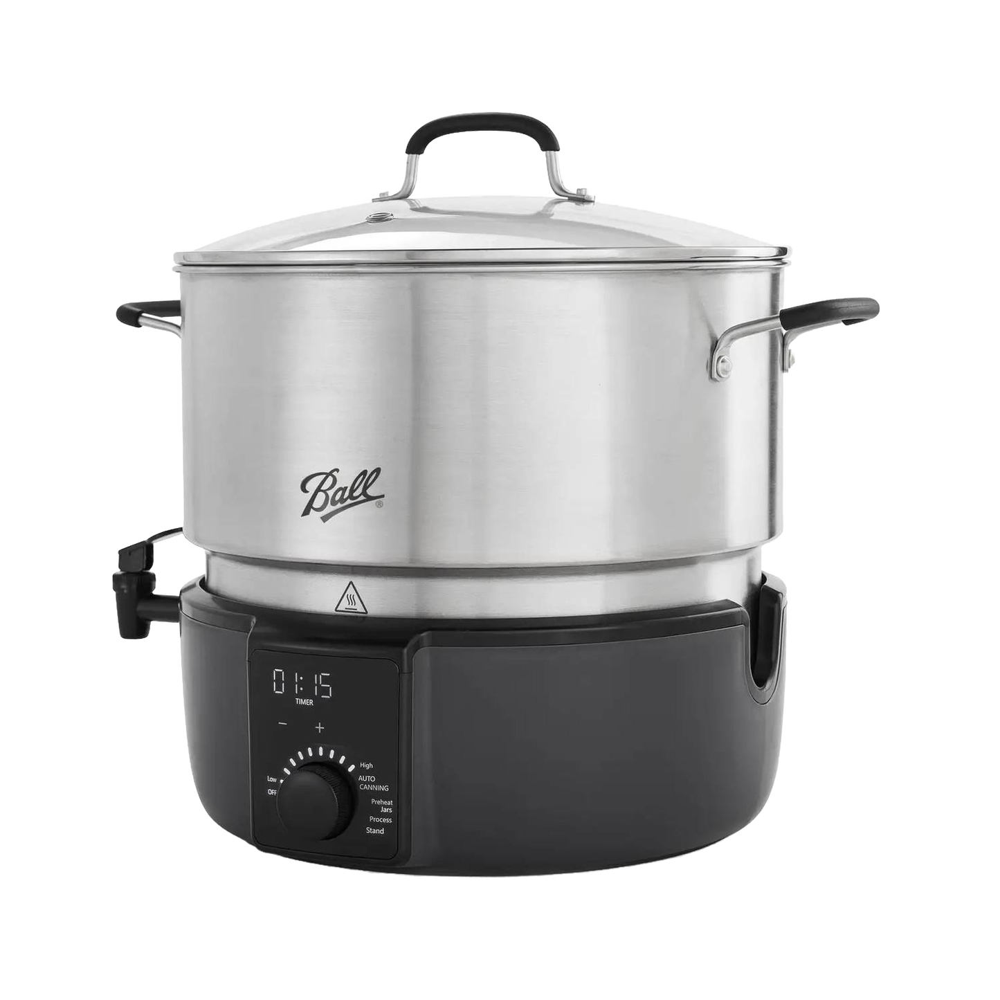Stainless steel electric water bath canner with digital control knob, clear lid, and side handles, designed for easy home food preservation and water bath canning.