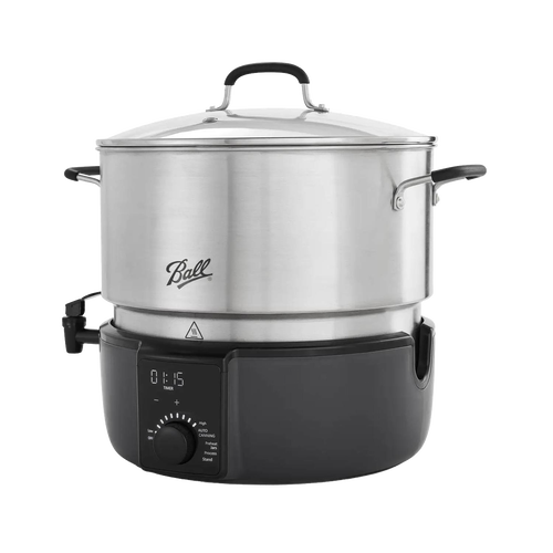 Stainless steel electric water bath canner with digital control knob, clear lid, and side handles, designed for easy home food preservation and water bath canning.