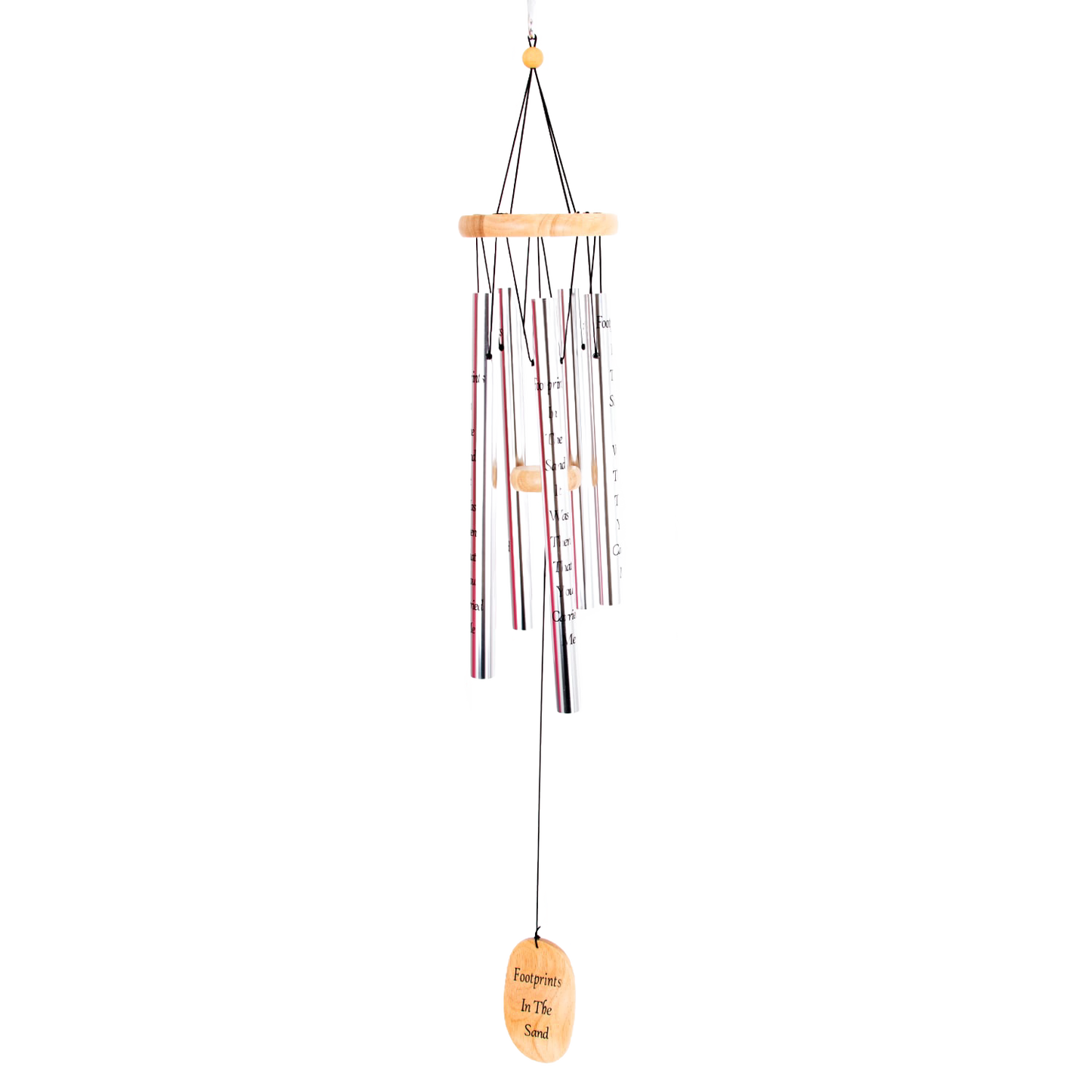 Handcrafted 40-inch silver windchime with wooden accents and engraved windcatcher, designed to add soothing melodies to outdoor spaces, featured in Farm, Garden & Tool and Garden Accessories collections.
