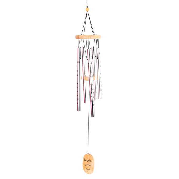 Handcrafted 40-inch silver windchime with wooden accents and engraved windcatcher, designed to add soothing melodies to outdoor spaces, featured in Farm, Garden & Tool and Garden Accessories collections.