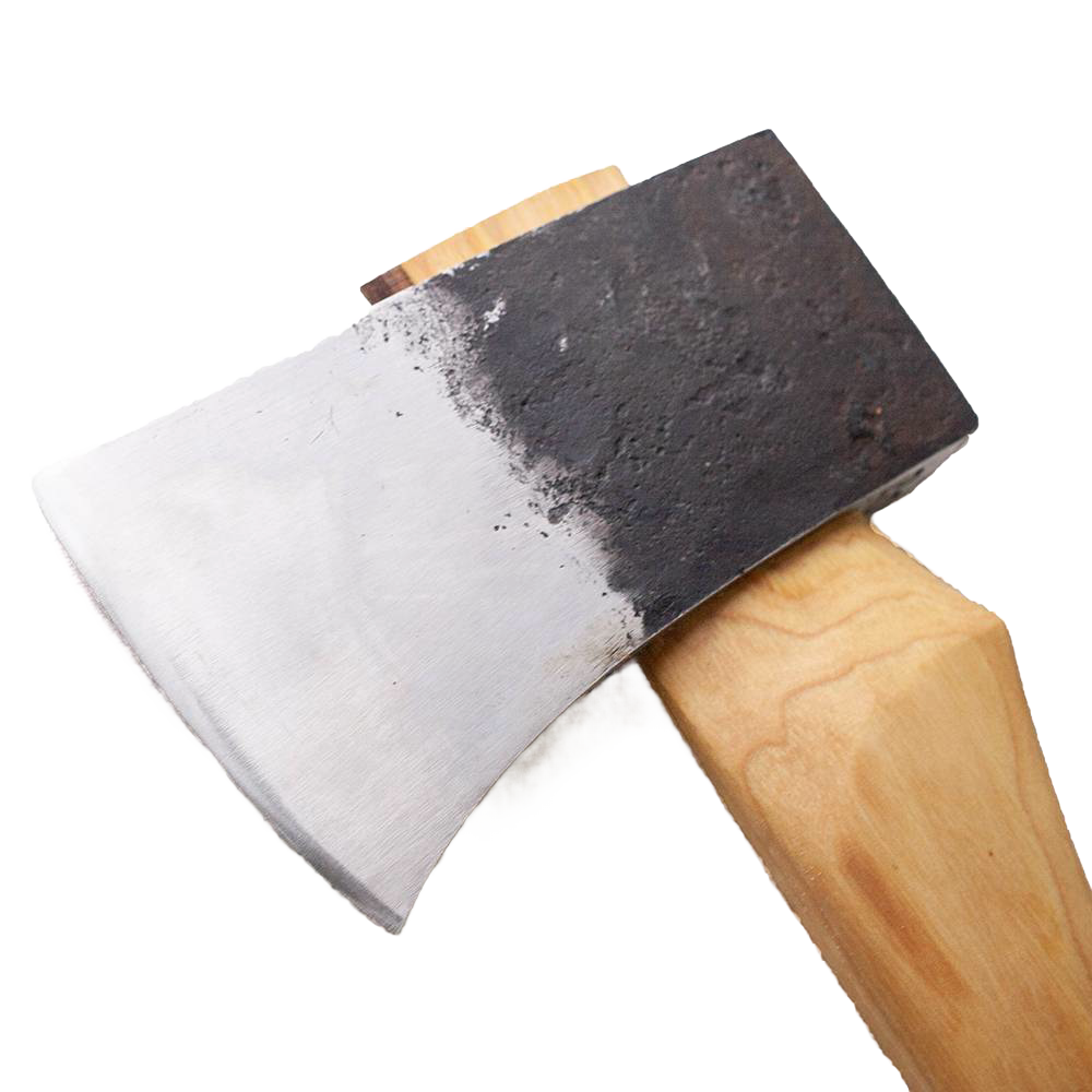 Handcrafted American-made axe head with polished carbon steel blade and rustic blackened poll, resting on an Amish-made hickory handle, featured in Farm, Garden & Tool and Knives & Axes collections.