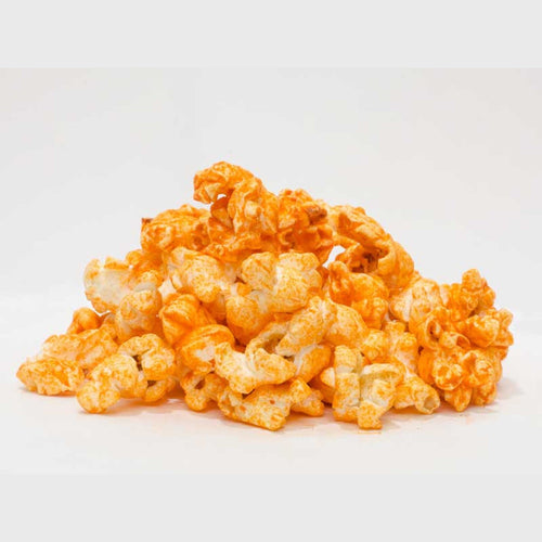 Close-up of handcrafted Bacon and Cheese popcorn with a savory orange cheese coating, made in USA, ideal for Kitchen & Food, Food, Popcorn, and Best Sellers collections.