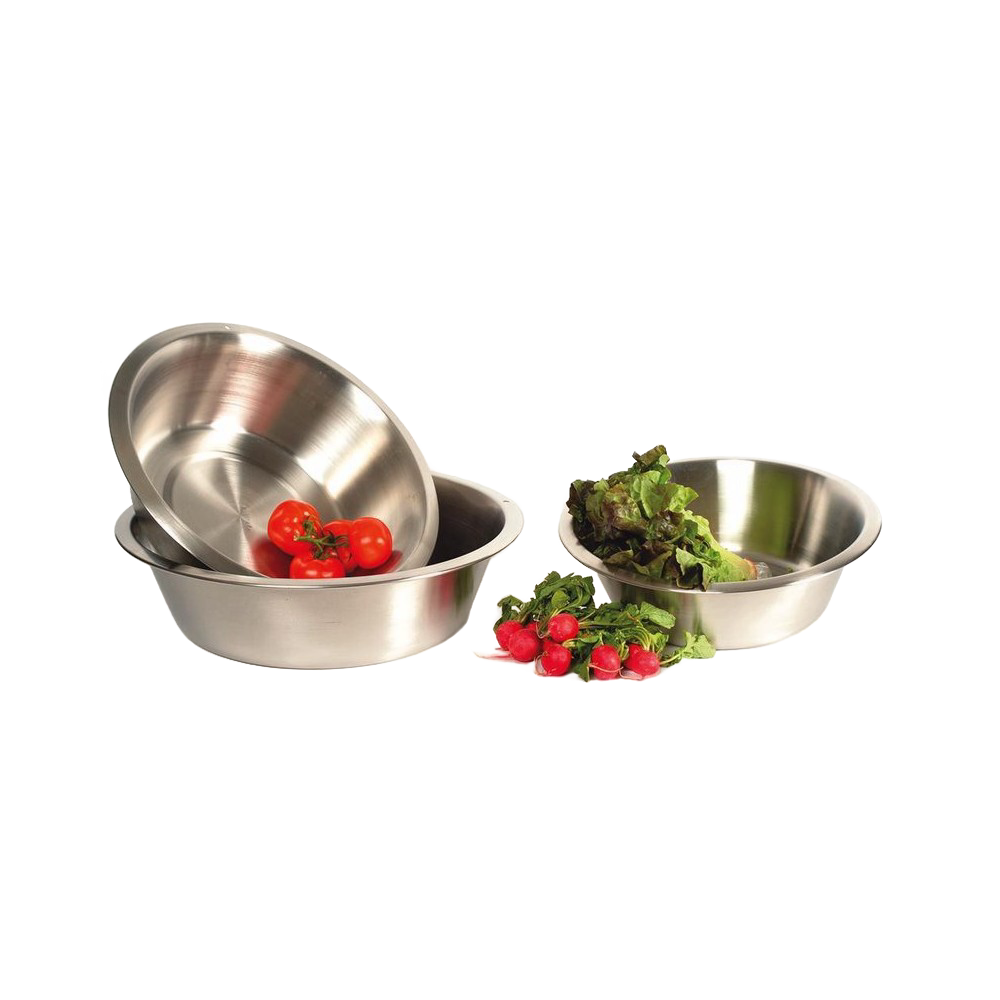 Three round stainless steel dishpans with flat bases, one holding cherry tomatoes and another filled with leafy lettuce and radishes, suited for Home & Decor and Cleaning Utensils collections.