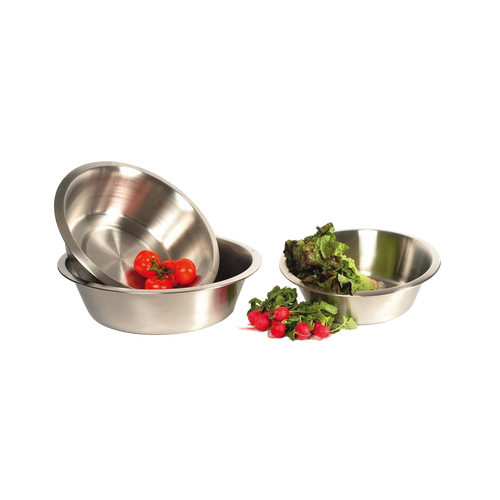 Three round stainless steel dishpans with flat bases, one holding cherry tomatoes and another filled with leafy lettuce and radishes, suited for Home & Decor and Cleaning Utensils collections.