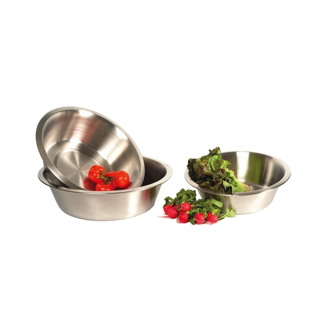 Three round stainless steel dishpans with flat bases, one holding cherry tomatoes and another filled with leafy lettuce and radishes, suited for Home & Decor and Cleaning Utensils collections.