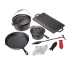Set of handcrafted cast iron cookware including skillet, Dutch oven, griddle, small pot, chainmail scrubber, and handle holders, designed for versatile use in Farm, Garden & Tool, Kitchen & Food, Camping, Cookware, Cast Iron, and Best Sellers collections.