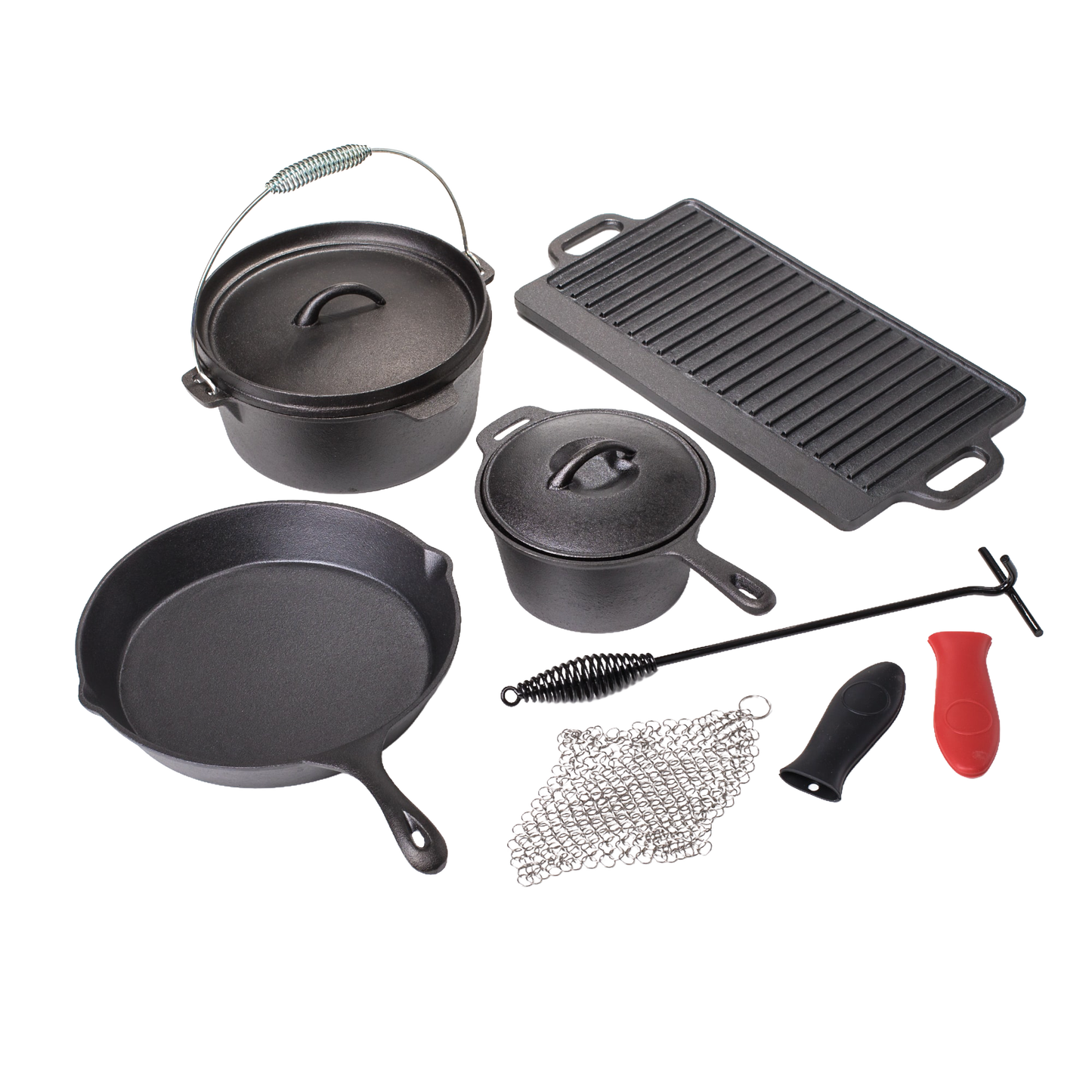 Set of handcrafted cast iron cookware including skillet, Dutch oven, griddle, small pot, chainmail scrubber, and handle holders, designed for versatile use in Farm, Garden & Tool, Kitchen & Food, Camping, Cookware, Cast Iron, and Best Sellers collections.