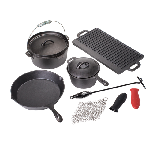 Set of handcrafted cast iron cookware including skillet, Dutch oven, griddle, small pot, chainmail scrubber, and handle holders, designed for versatile use in Farm, Garden & Tool, Kitchen & Food, Camping, Cookware, Cast Iron, and Best Sellers collections.