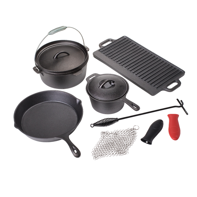 Set of handcrafted cast iron cookware including skillet, Dutch oven, griddle, small pot, chainmail scrubber, and handle holders, designed for versatile use in Farm, Garden & Tool, Kitchen & Food, Camping, Cookware, Cast Iron, and Best Sellers collections.