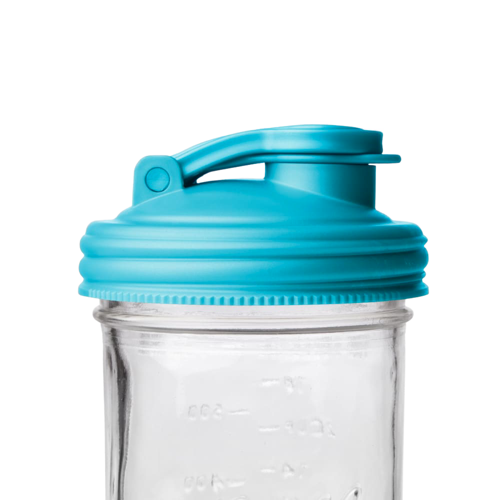 Blue wide-mouth pour lid with flip-top spout and carry loop made of durable plastic, designed for Mason jars, part of Kitchen & Food, Dinnerware, Kitchen Gadgets, USA Made, and Best Sellers collections.