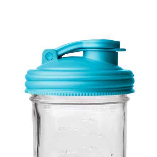 Blue wide-mouth pour lid with flip-top spout and carry loop made of durable plastic, designed for Mason jars, part of Kitchen & Food, Dinnerware, Kitchen Gadgets, USA Made, and Best Sellers collections.