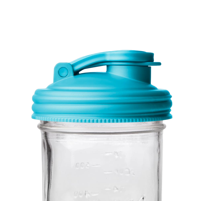 Blue wide-mouth pour lid with flip-top spout and carry loop made of durable plastic, designed for Mason jars, part of Kitchen & Food, Dinnerware, Kitchen Gadgets, USA Made, and Best Sellers collections.