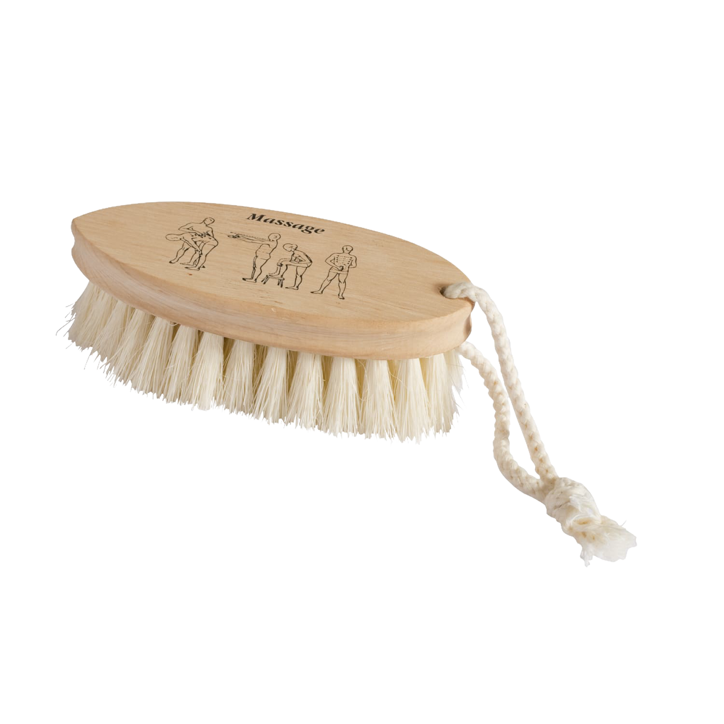 Handcrafted dry massage brush with natural bristles and wooden handle featuring a rope strap, designed to gently exfoliate and stimulate circulation before showering, ideal for Health & Wellness and Grooming collections.