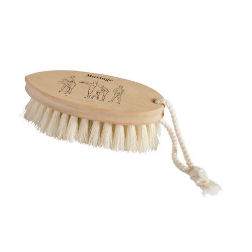 Handcrafted dry massage brush with natural bristles and wooden handle featuring a rope strap, designed to gently exfoliate and stimulate circulation before showering, ideal for Health & Wellness and Grooming collections.