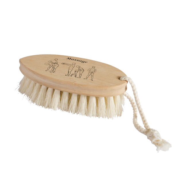 Handcrafted dry massage brush with natural bristles and wooden handle featuring a rope strap, designed to gently exfoliate and stimulate circulation before showering, ideal for Health & Wellness and Grooming collections.